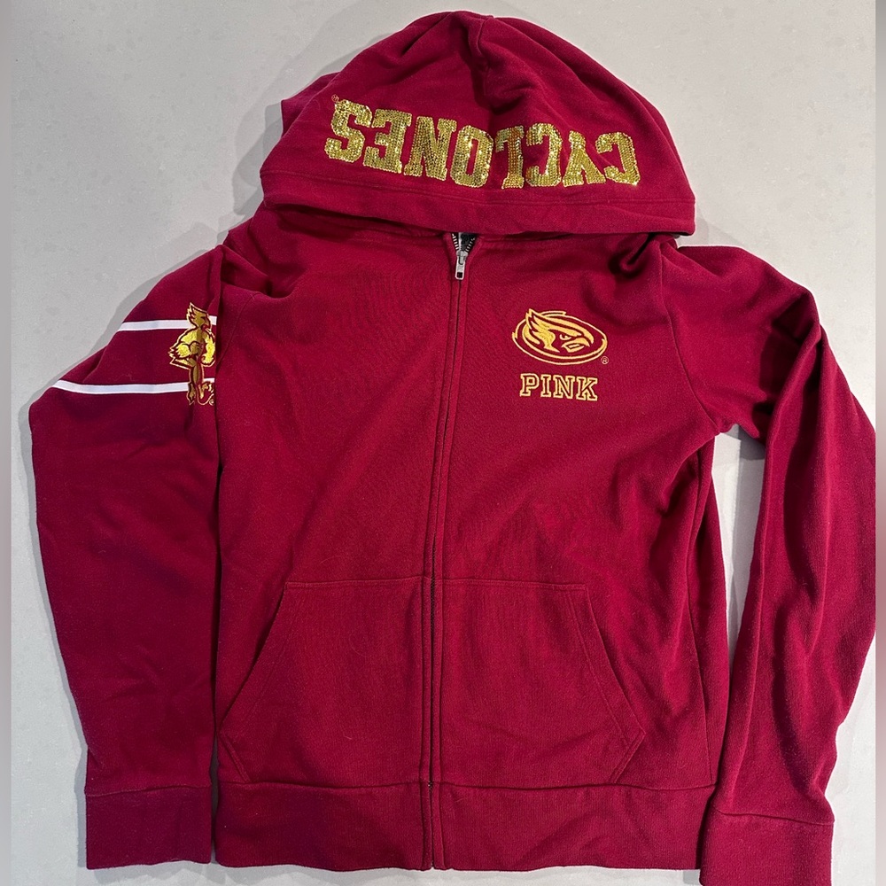 Victoria Secret Pink Iowa State Sequin Full Zip Hoodie, Size Medium